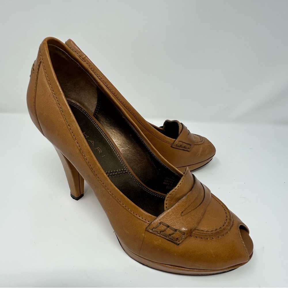 Tahari Helga Brown Leather Peep Toe Heels, Women’s Size 6.5M